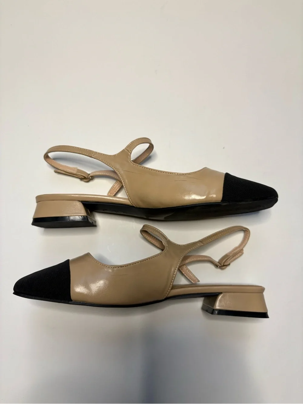 C. Petrovano Beige and Black Cap-Toe Slingback Flats